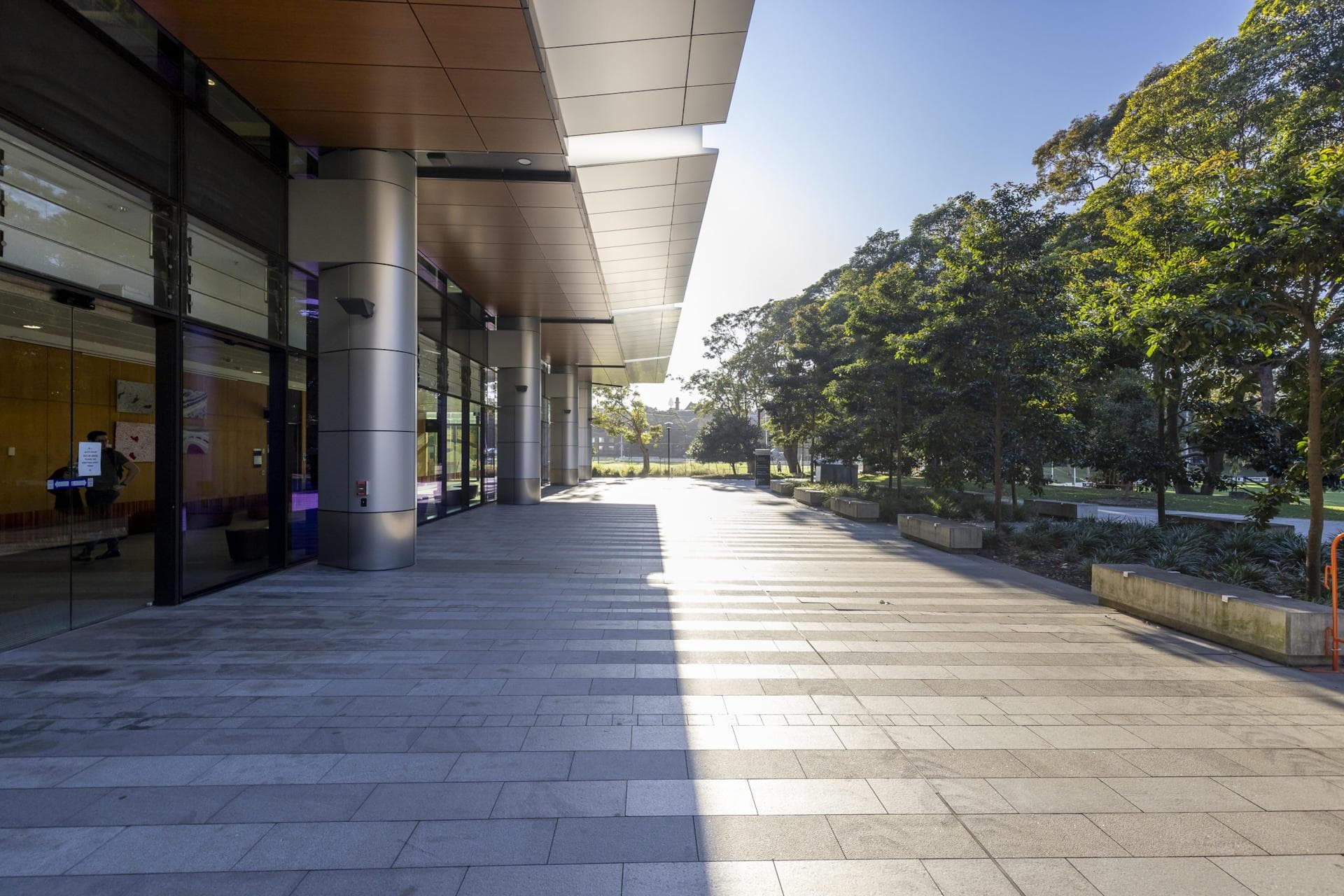 ALPOLIC™ DtS non-combustible panels on modern building façade at Charles Perkins Centre walkway.